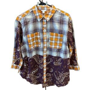 CATO Est. 1946 Top Mixed Media Paisley Plaid Button Up Shirt Boho L Cotton